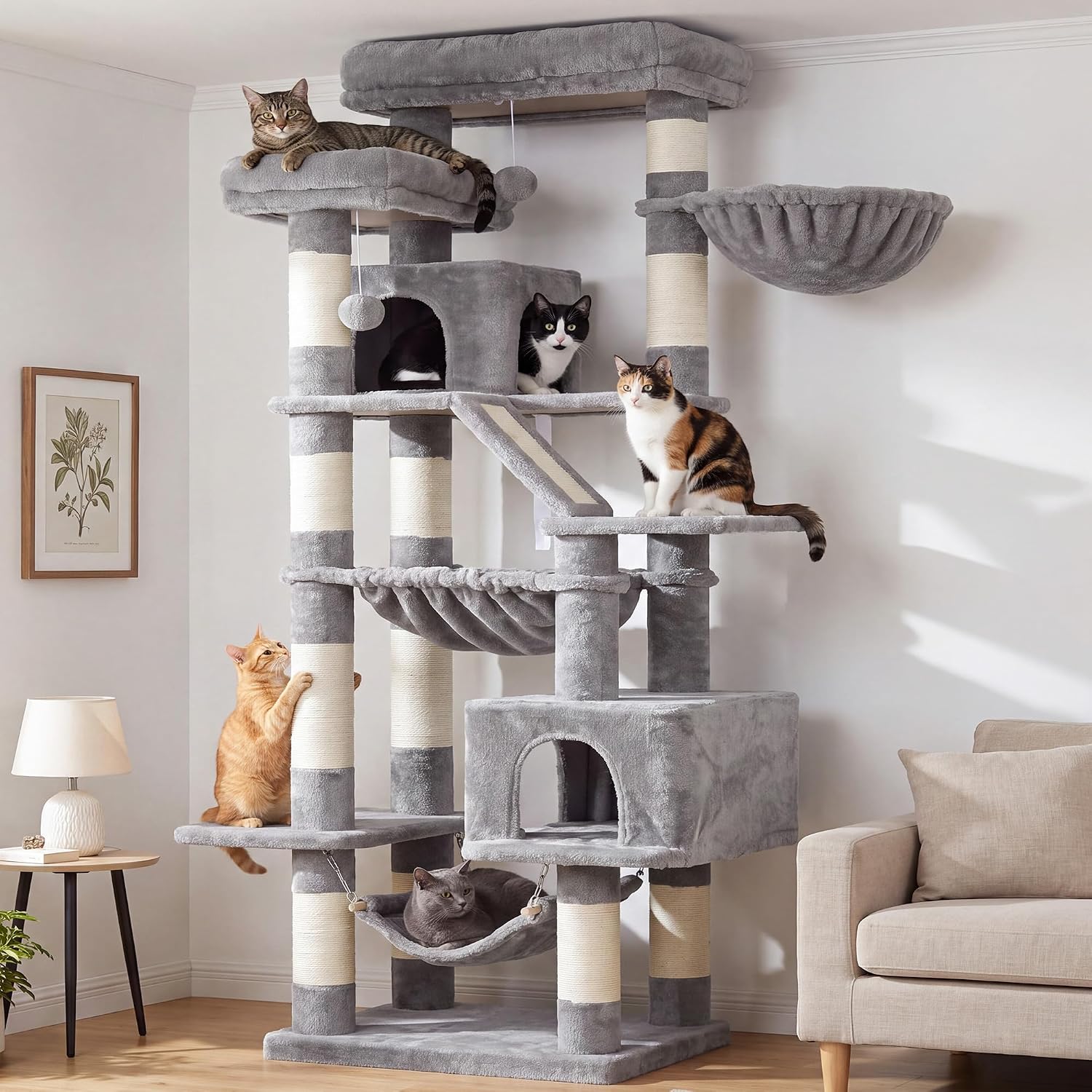 Heybly Kratzbaum, 180cm Katzenbaum für Wohnungskatzen, Hellgrau HCT034W – Bild 10