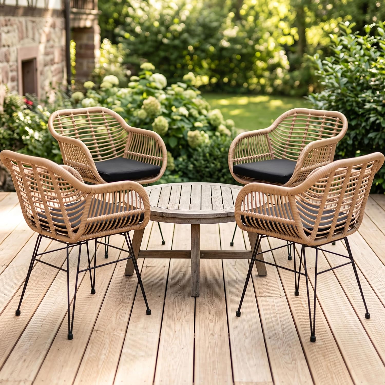 CASARIA® Gartenstühle 4er Set Polyrattan inkl. 5cm Auflagen Boho-Stil Gartensessel Wetterfest mit Armlehne Garten Terrasse Balkon Stuhl Sessel Outdoor – Bild 2