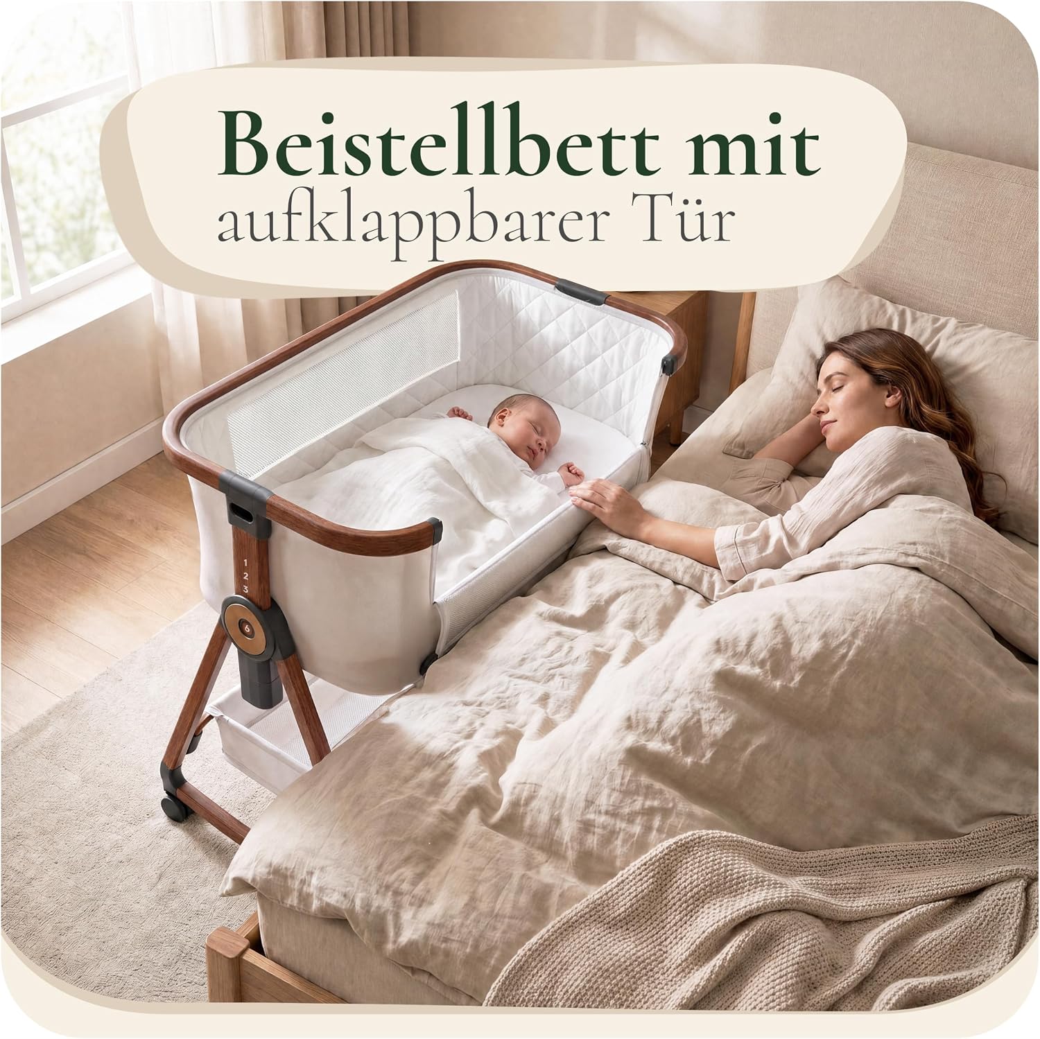 KUNU® Babybett - Beistellbett Baby mit Rollen für Boxspringbett - 3 in 1 rollbares Baby Bett Reise Babywiege - Stubenwagen mit Wiegefunktion & höhenverstellbar - Sicheres Reisebett inkl Reisetasche – Bild 2