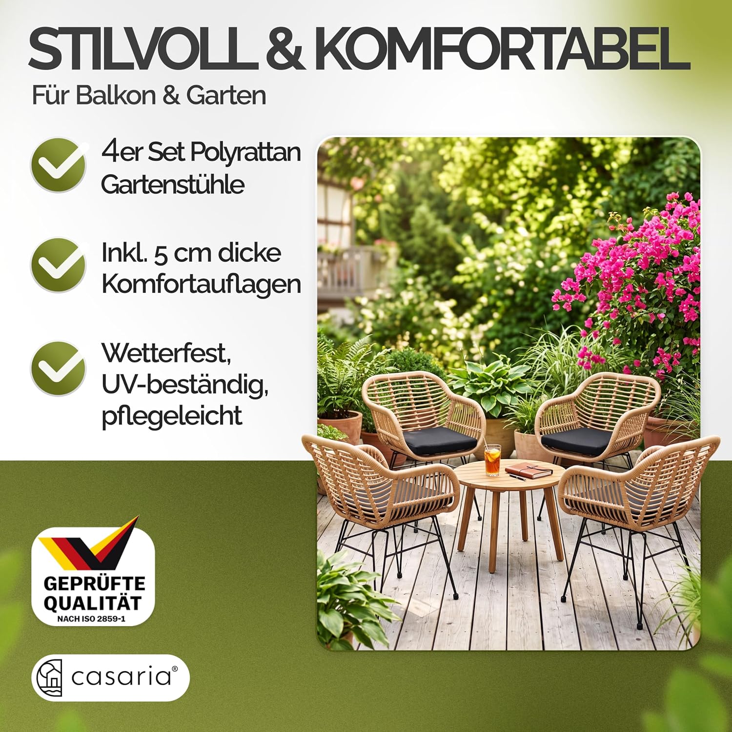 CASARIA® Gartenstühle 4er Set Polyrattan inkl. 5cm Auflagen Boho-Stil Gartensessel Wetterfest mit Armlehne Garten Terrasse Balkon Stuhl Sessel Outdoor – Bild 4