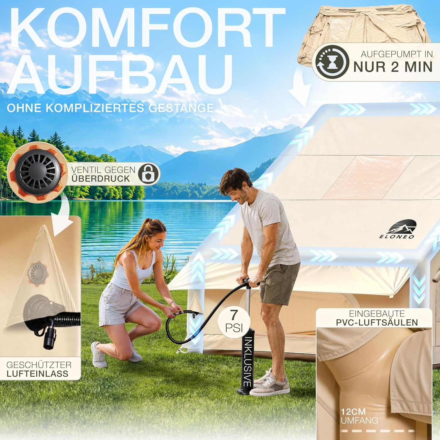 ELONEO aufblasbares Zelt für 2/4/6/8 Personen mit Dachfenster & Luftpumpe, Premium Glamping Zelt wasserdicht, Luftzelt, Inflatable Tent, Camping Zelt – Bild 4