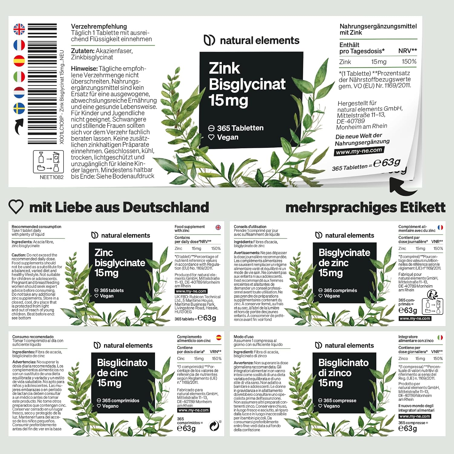 natural elements Zink 15mg – 365 Tabletten – gut verträgliches Zinkbisglycinat (Zink-Chelat) – vegan, hochdosiert, ohne unnötige Zusätze – in Deutschland produziert & laborgeprüft – Bild 5
