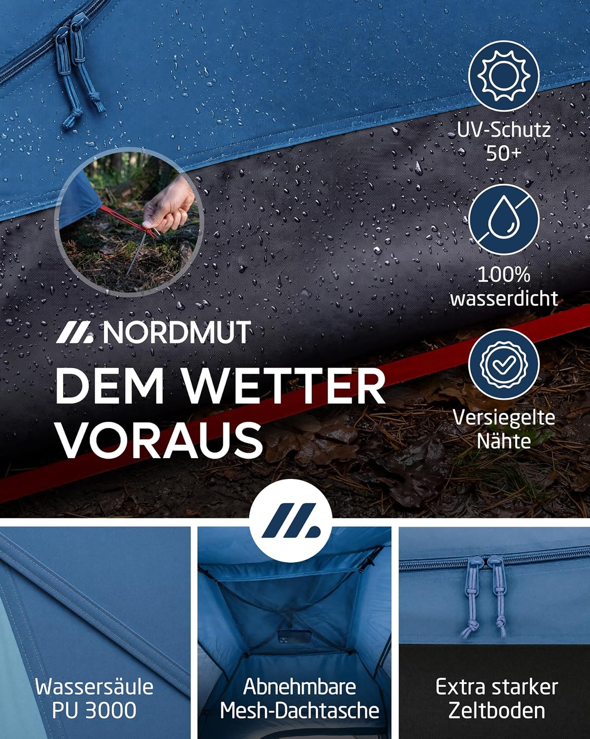 NORDMUT® Campingzelt für 2-4 Personen wasserdicht & leicht – Kuppelzelt mit verschließbarem Vorraum – 2-4 Mann Zelt mit hervorragender Luftzirkulation & kleinem Packmaß – Bild 7