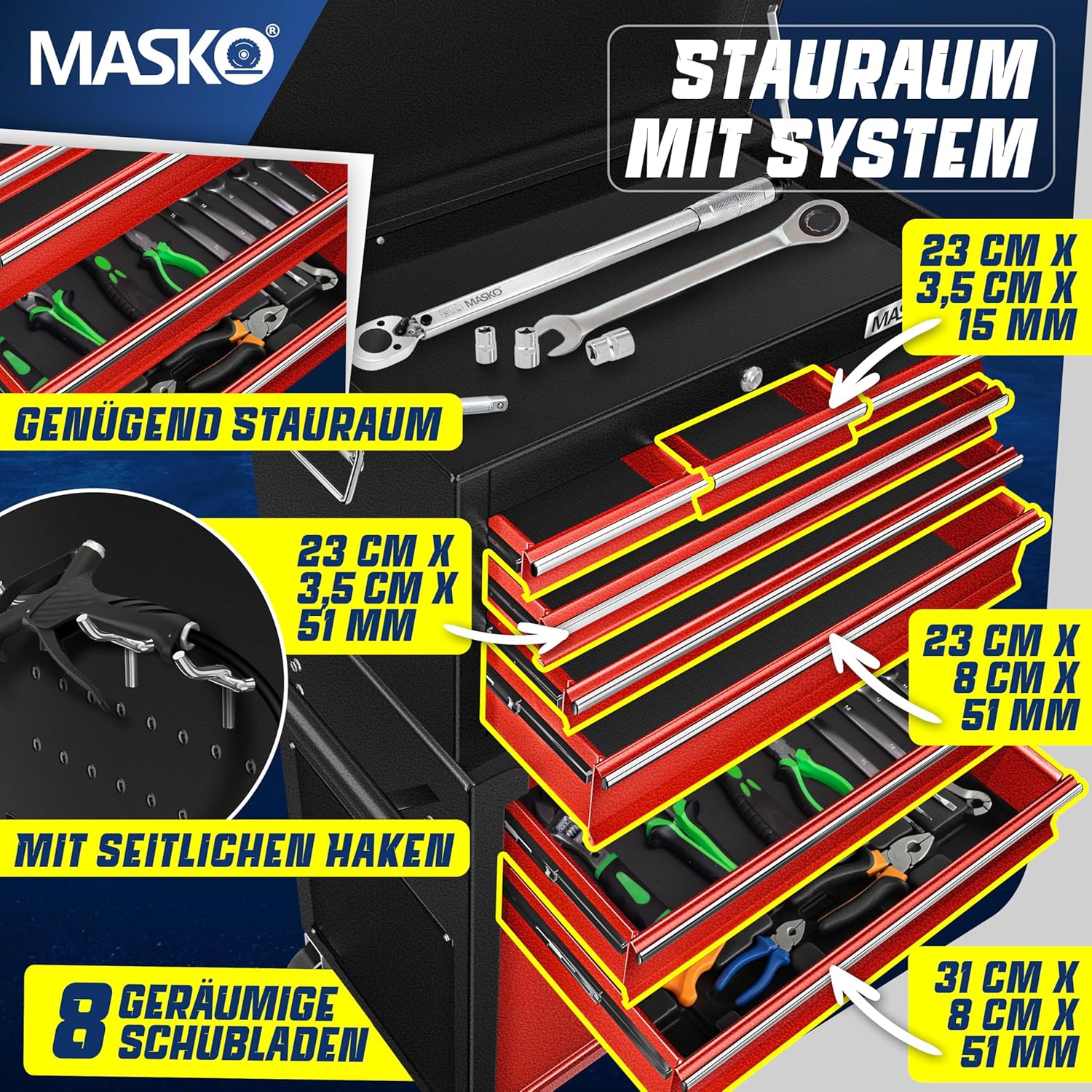 MASKO® Werkstattwagen inkl. Koffer - 9 Fächer Abschließbar | Massives Metall | Mobiler Werkzeug-Wagen ohne Werkzeug | Profi| Rollwagen zur Werkzeugaufbewahrung mit Schloss | Schwarz/Rot – Bild 4