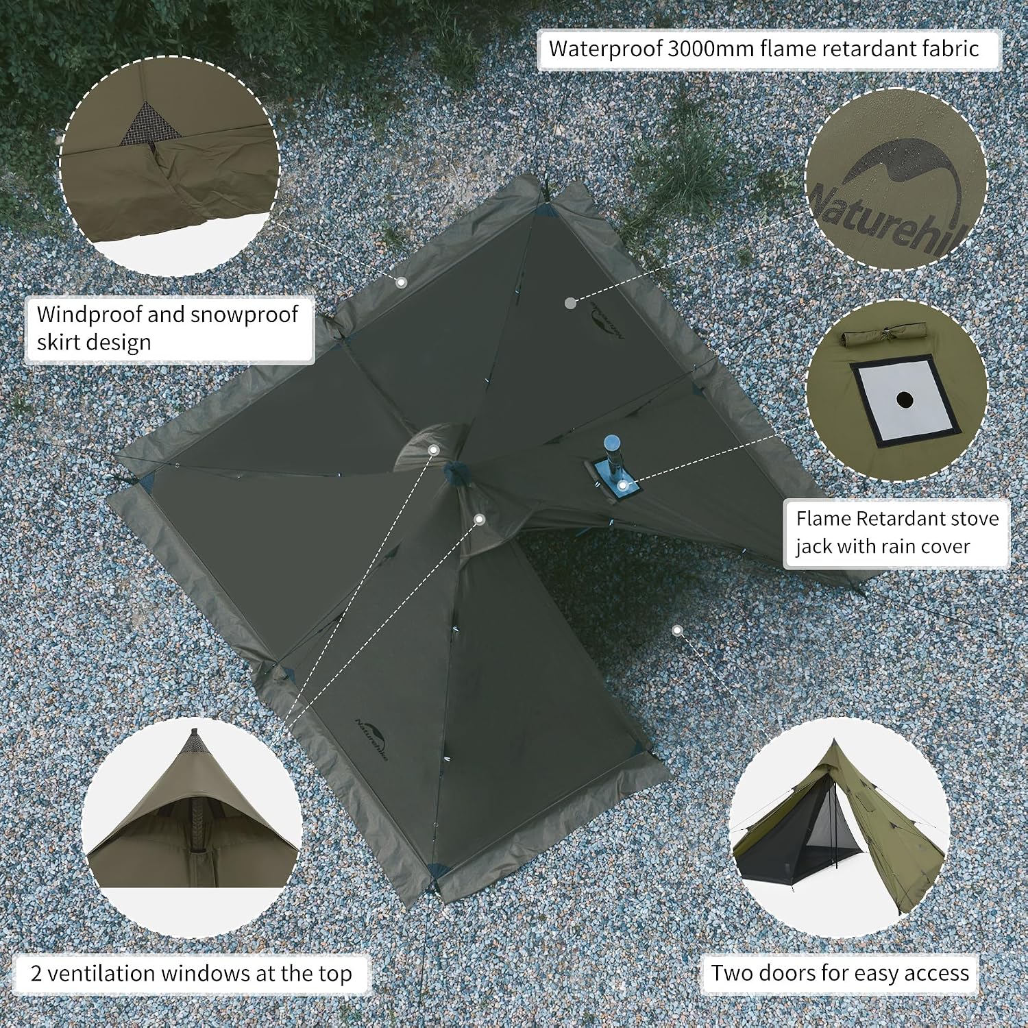 Naturehike Tipi Zelt Firstzelte 3-4 Personen Indianerzelt Wasserdicht Winddicht Einfacher Aufbau Pyramidenzelt für Outdoor Camping Familien – Bild 5