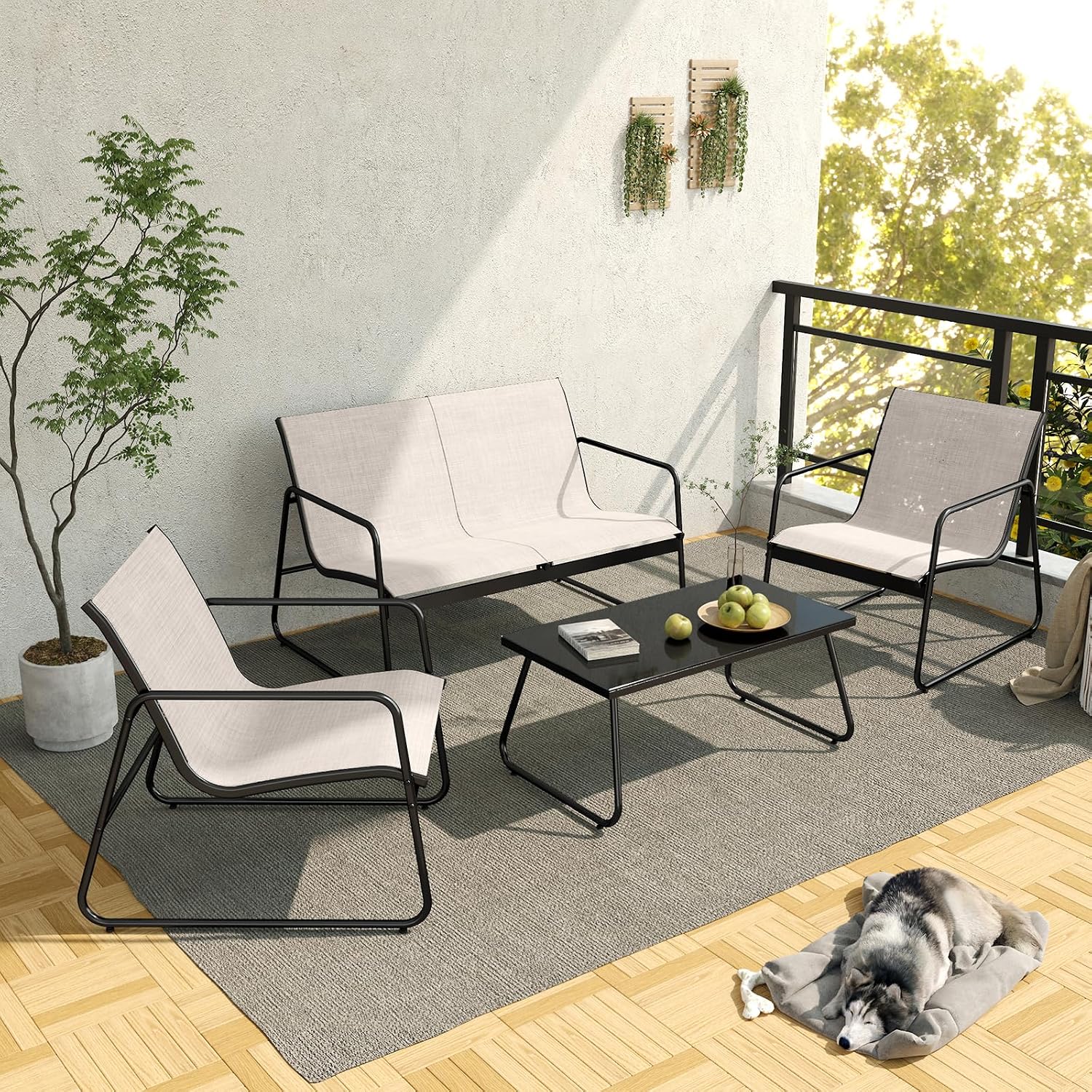 Grand patio Gartenmöbel Set 4-TLG, Textilene Balkonmöbel Set mit Tisch, Sofa und 2 Stühlen, Stahl, Sitzgruppefür Garten, Balkon, Außen (Beige) – Bild 8