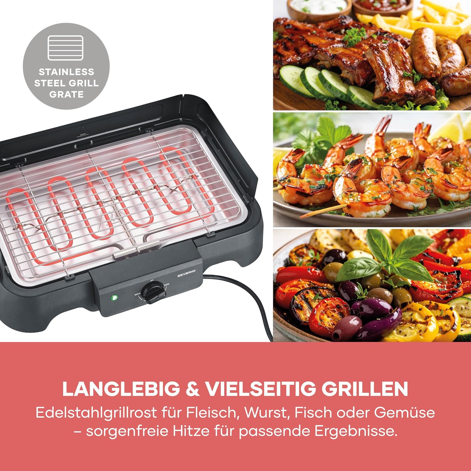 Severin Elektrogrill, Temperaturen 35-200 Grad Celsius, schnelles Aufheizen, 38x22 cm, Tischgrill mit Auffangschale, Edelstahl-Grillrost, Balkongrill, einfache Reinigung, 2000W, schwarz, PG 8593 – Bild 5