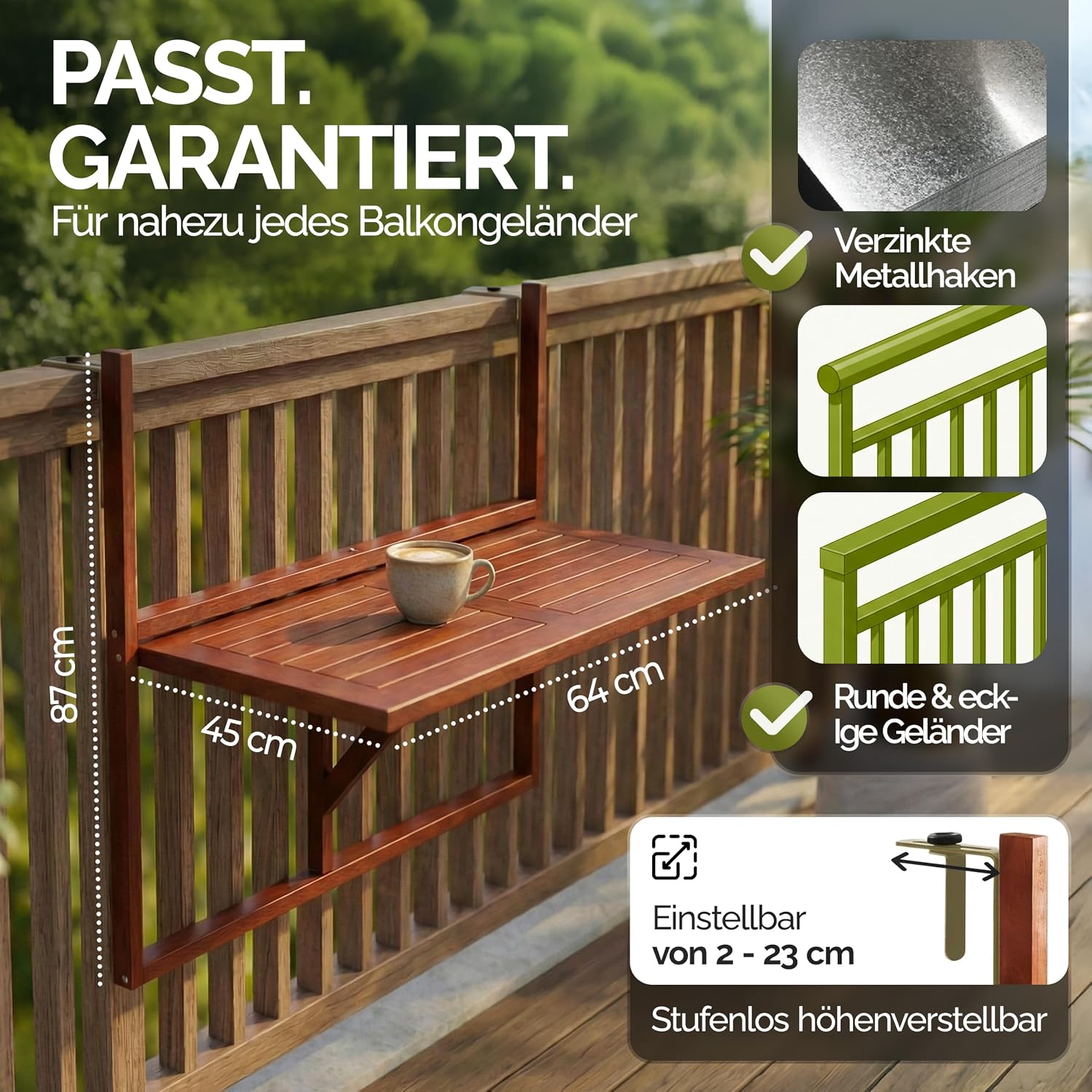 CASARIA Balkonmöbel Stuhlset, 2 Personen, klappbarer Geländertisch, braun – Bild 3