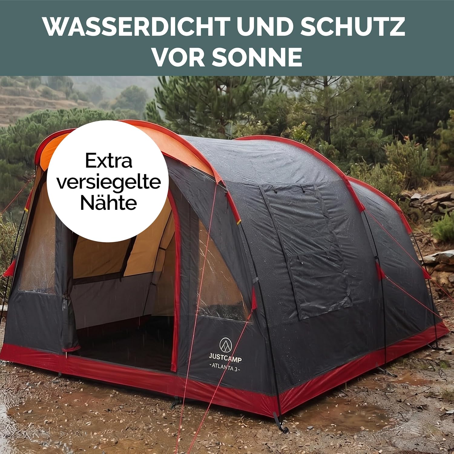 JUSTCAMP Atlanta 3, 5 oder 7 Personen Familienzelt - Tunnelzelt mit Stehhöhe inkl. Vordach & Boden, Eingang mit Fliegengitter - Campingzelt groß, geräumig, wasserdicht - Ideal für Campen & Festival – Bild 8