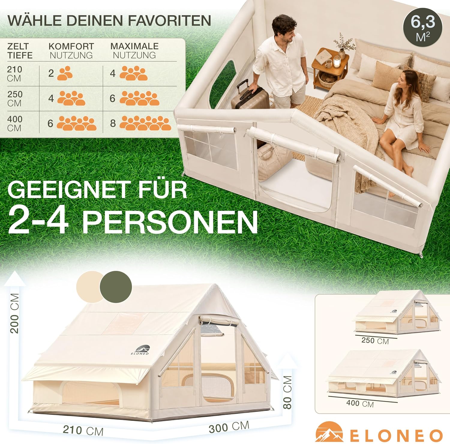 ELONEO aufblasbares Zelt für 2/4/6/8 Personen mit Dachfenster & Luftpumpe, Premium Glamping Zelt wasserdicht, Luftzelt, Inflatable Tent, Camping Zelt – Bild 7