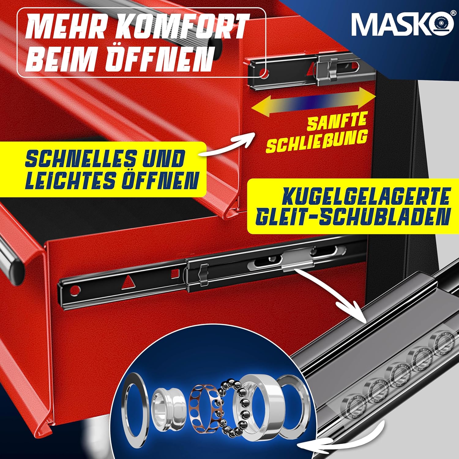 MASKO® Werkstattwagen inkl. Koffer - 9 Fächer Abschließbar | Massives Metall | Mobiler Werkzeug-Wagen ohne Werkzeug | Profi| Rollwagen zur Werkzeugaufbewahrung mit Schloss | Schwarz/Rot – Bild 3