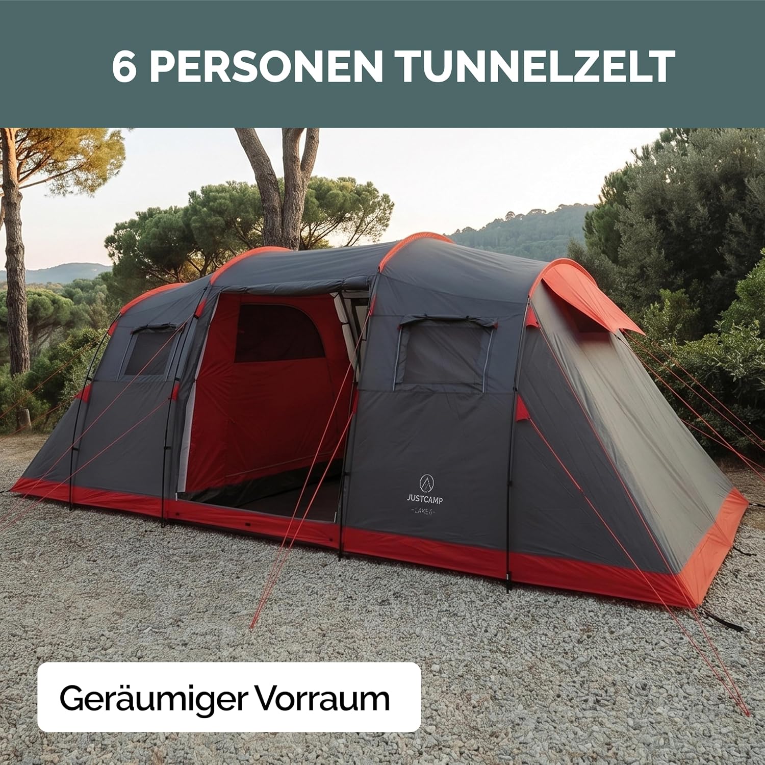 JUSTCAMP Lake XXL Familienzelt für 6 Personen - wasserdichtes Tunnelzelt mit 2 Schlafkabinen, großem Vorraum & Stehhöhe - Campingzelt mit eingenähtem Boden, Moskitonetz und 2 Eingängen – Bild 4