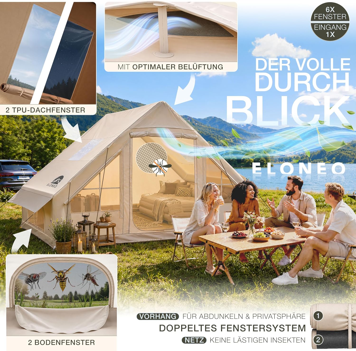 ELONEO aufblasbares Zelt für 2/4/6/8 Personen mit Dachfenster & Luftpumpe, Premium Glamping Zelt wasserdicht, Luftzelt, Inflatable Tent, Camping Zelt – Bild 6