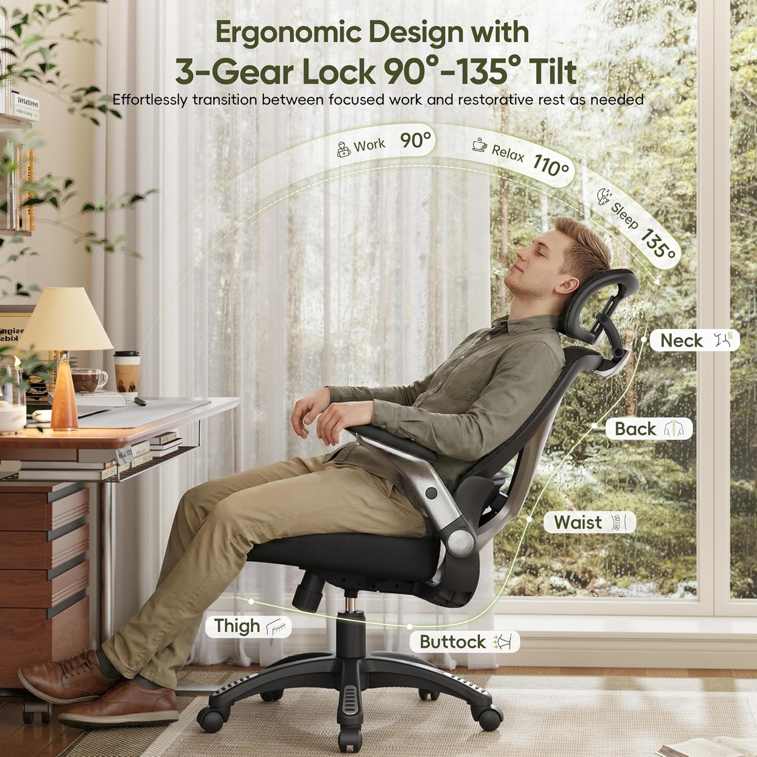 GABRYLLY Bürostuhl Ergonomisch, Ergonomischer Bürostühle mit Verstellbare Kopfstütze, Neigungsfunktion, Armlehnen, Ergonomic Office Desk Chair, Gaming Stuhl, Computerstuhl (Mitternachtsschwarz) – Bild 7