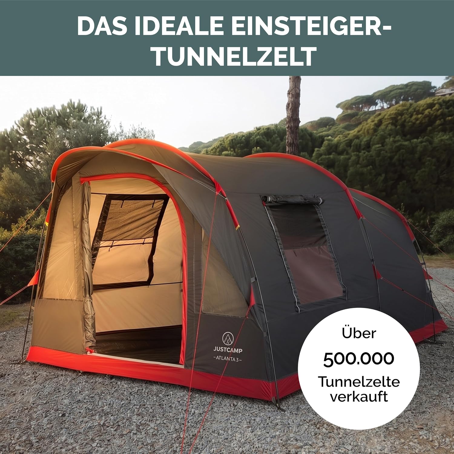 JUSTCAMP Atlanta 3, 5 oder 7 Personen Familienzelt - Tunnelzelt mit Stehhöhe inkl. Vordach & Boden, Eingang mit Fliegengitter - Campingzelt groß, geräumig, wasserdicht - Ideal für Campen & Festival – Bild 3