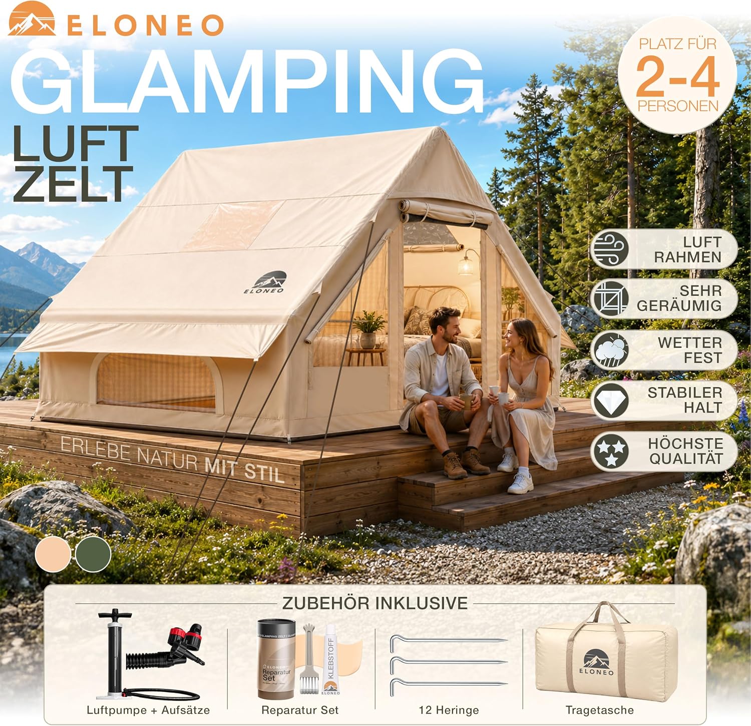 ELONEO aufblasbares Zelt für 2/4/6/8 Personen mit Dachfenster & Luftpumpe, Premium Glamping Zelt wasserdicht, Luftzelt, Inflatable Tent, Camping Zelt – Bild 2