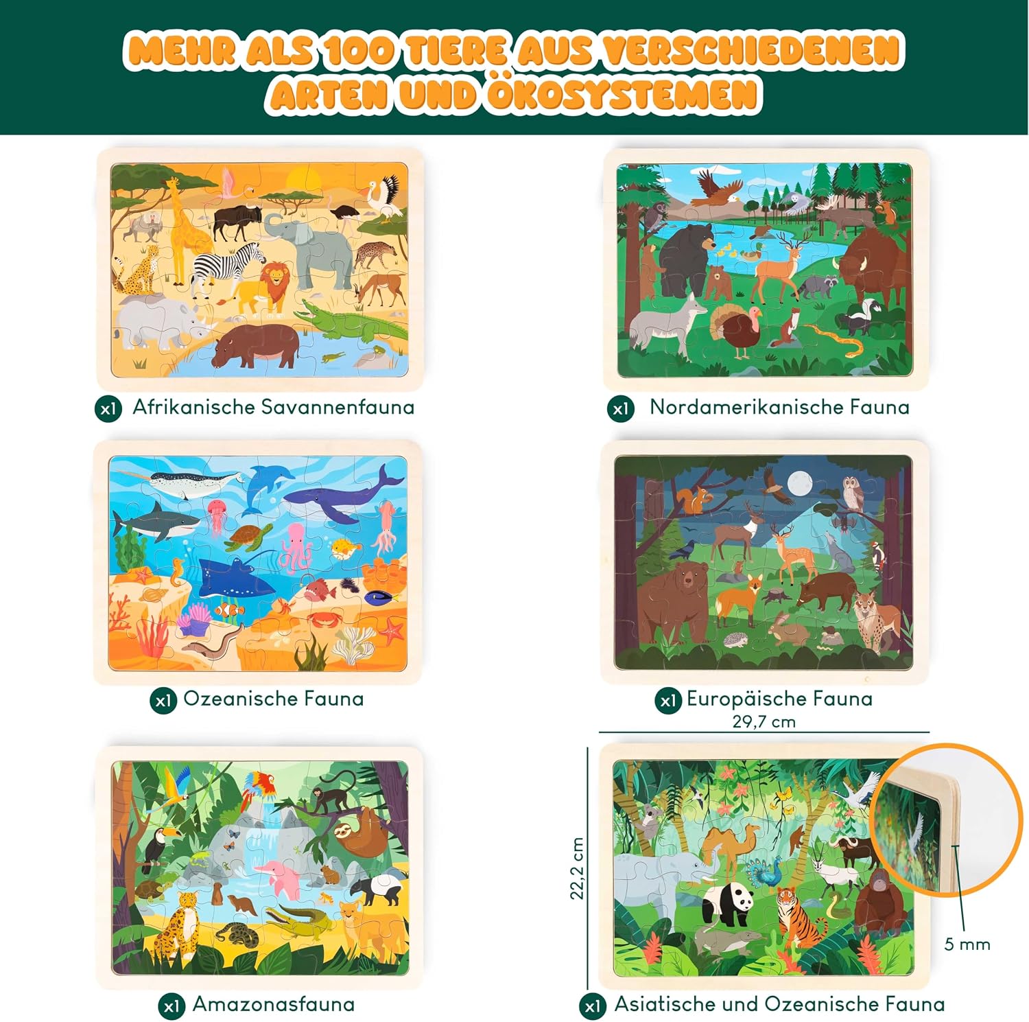 BONNYCO Holzpuzzle Kinder, 6 Sets mit je 24 Teilen, Tieren aus Aller Welt – Bild 2