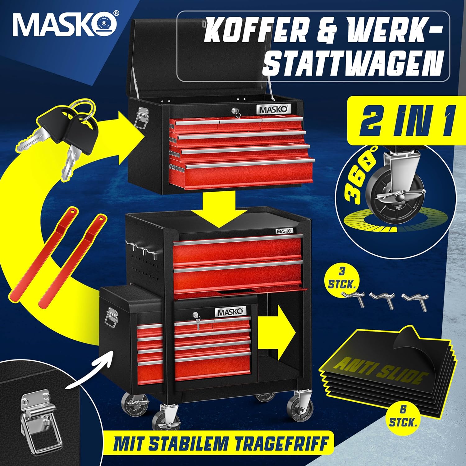 MASKO® Werkstattwagen inkl. Koffer - 9 Fächer Abschließbar | Massives Metall | Mobiler Werkzeug-Wagen ohne Werkzeug | Profi| Rollwagen zur Werkzeugaufbewahrung mit Schloss | Schwarz/Rot – Bild 7