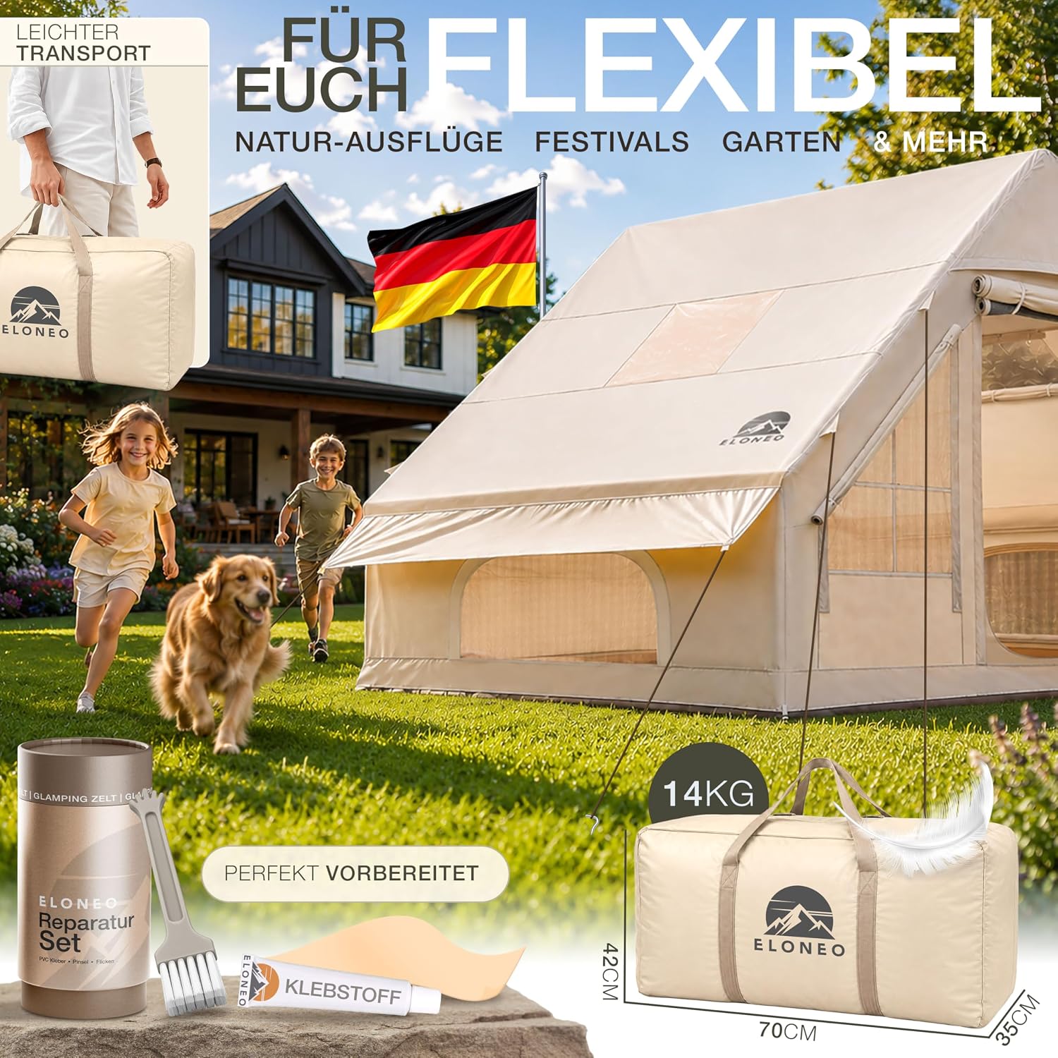 ELONEO aufblasbares Zelt für 2/4/6/8 Personen mit Dachfenster & Luftpumpe, Premium Glamping Zelt wasserdicht, Luftzelt, Inflatable Tent, Camping Zelt – Bild 8