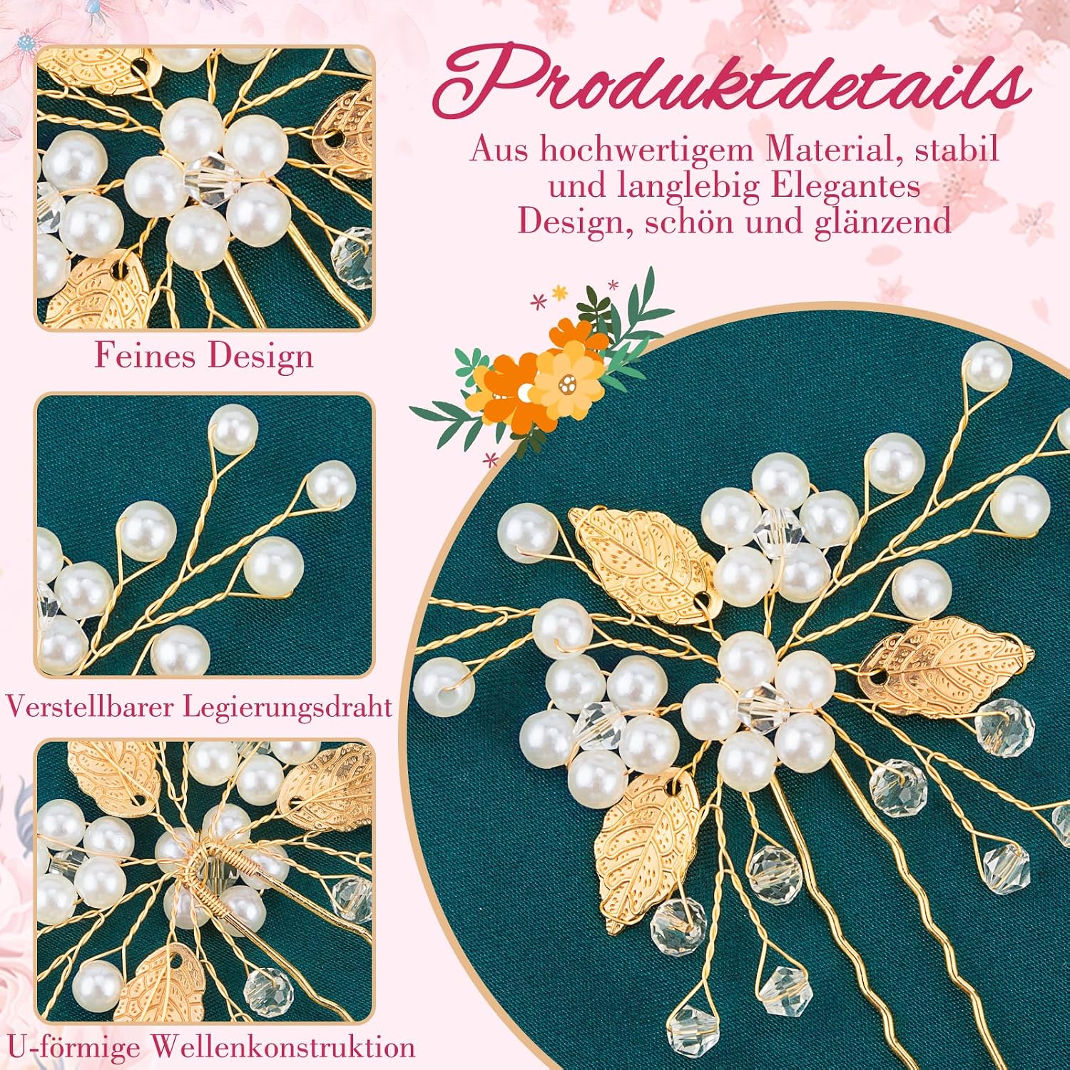 Kiiwah 5 Stück Perlen Blume Haarnadeln Gold, Braut Haarschmuck Hochzeit – Bild 4