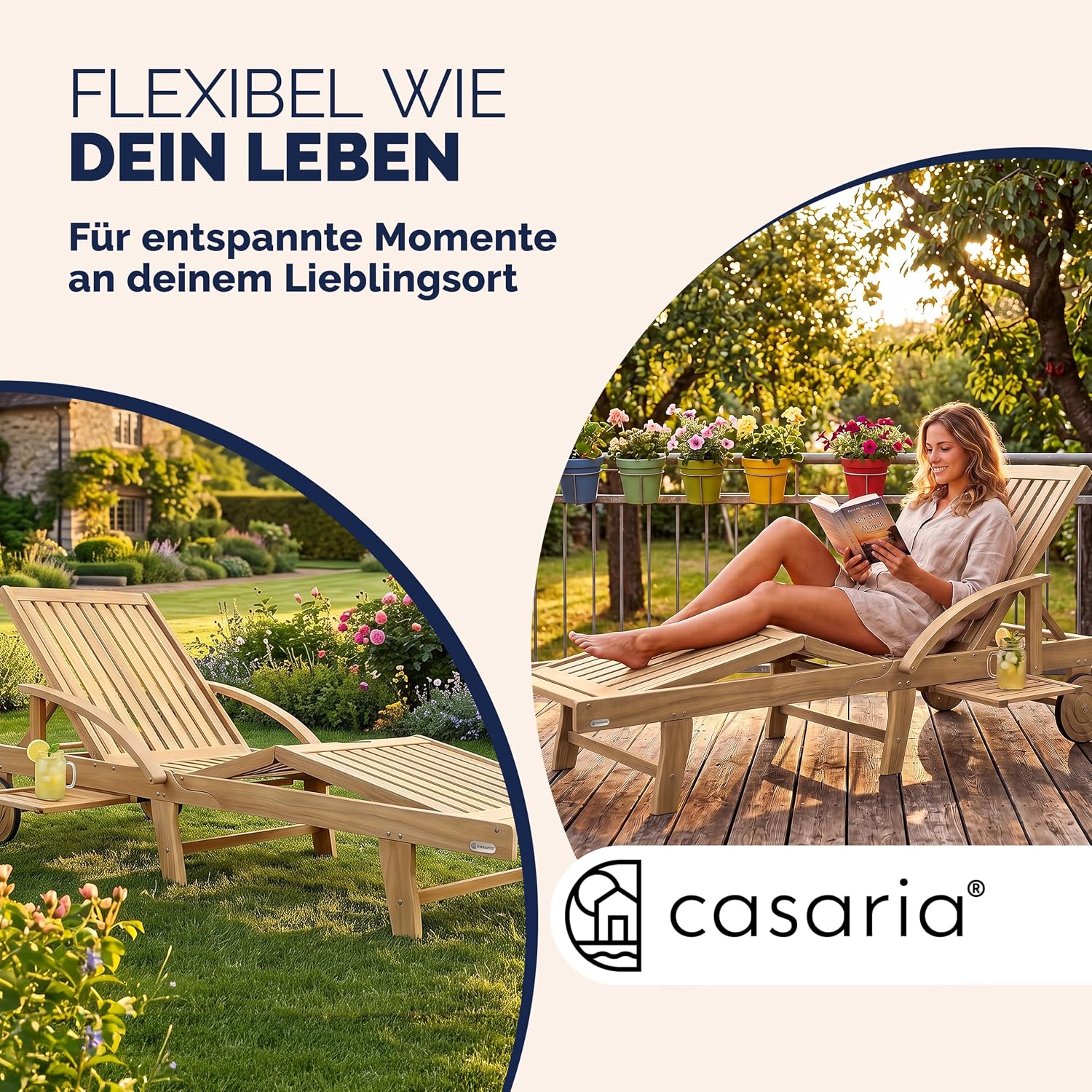 CASARIA Sonnenliege 2er Set, klappbar, Rollen und Ausziehtisch, Teakoptik – Bild 7