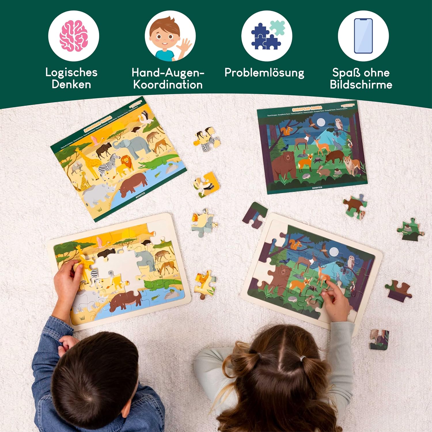 BONNYCO Holzpuzzle Kinder, 6 Sets mit je 24 Teilen, Tieren aus Aller Welt – Bild 7