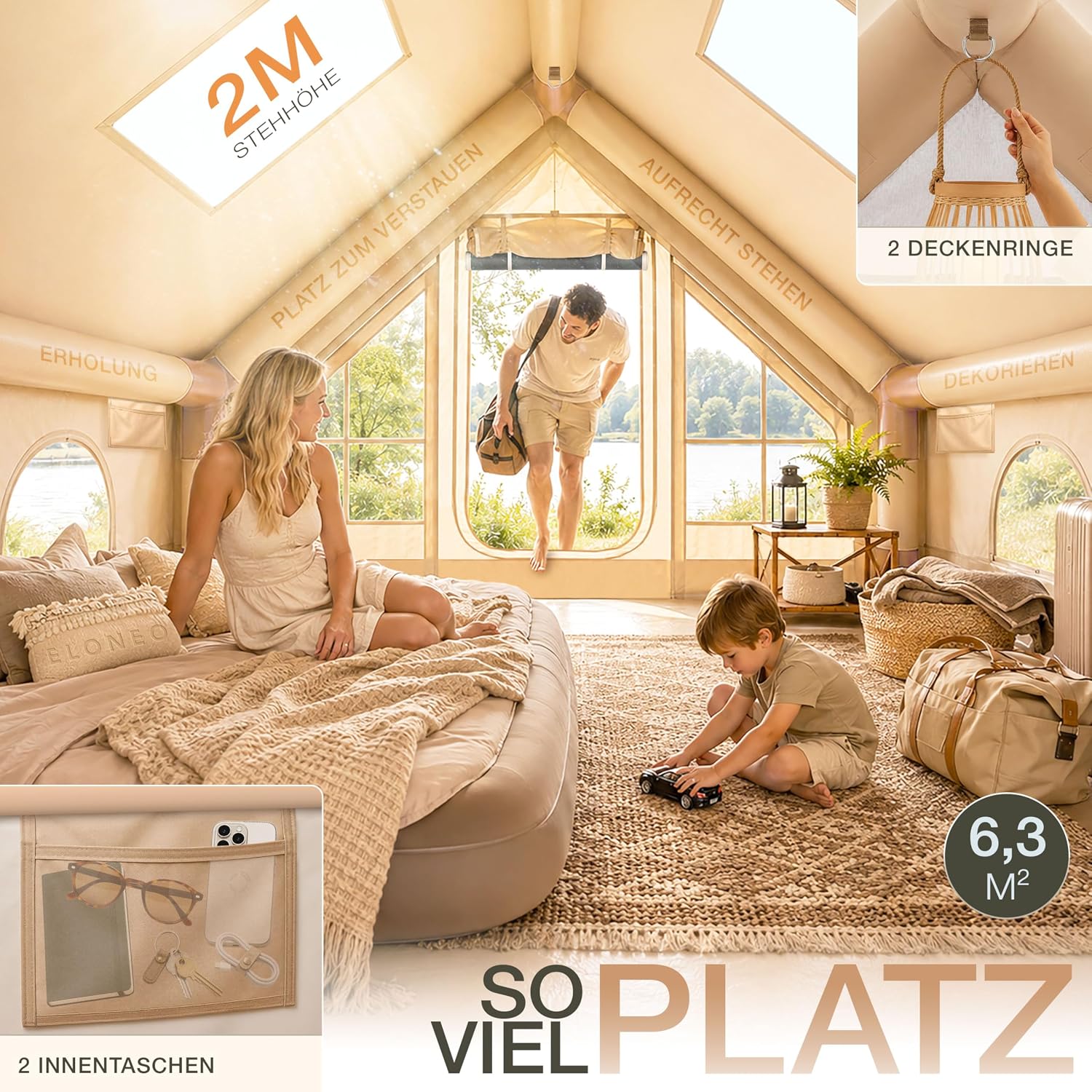 ELONEO aufblasbares Zelt für 2/4/6/8 Personen mit Dachfenster & Luftpumpe, Premium Glamping Zelt wasserdicht, Luftzelt, Inflatable Tent, Camping Zelt – Bild 3