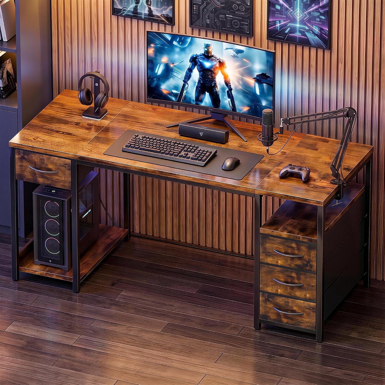 YOUDENOVA Schreibtisch mit 4 Schubladen, Computertisch 140cm CPU-Ständer & offenes Ablagefach, Stabiler Bürotisch PC Tisch Officetisch Für Büro, Wohnzimmer, Home Office Gaming Braun – Bild 7