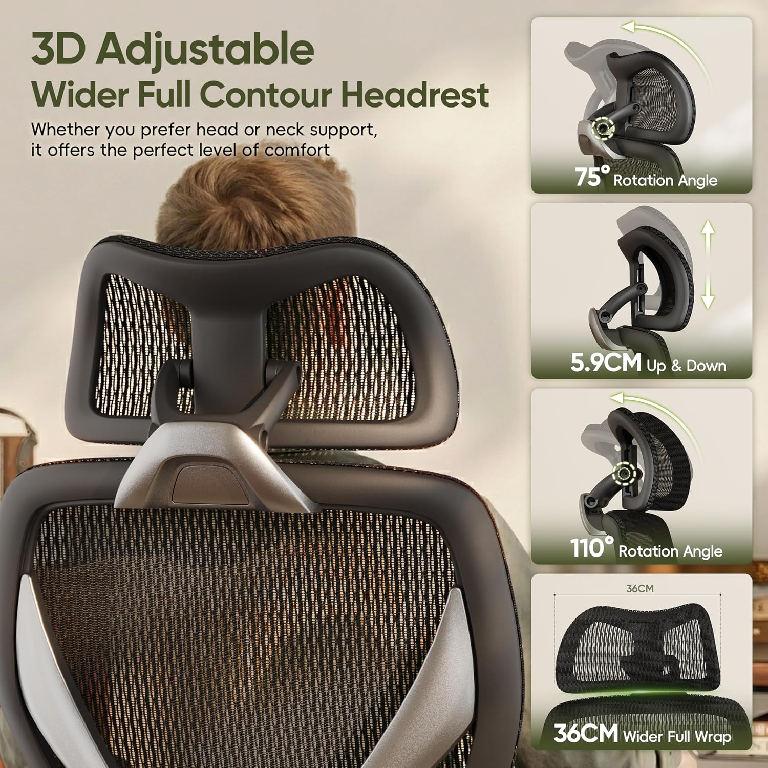 GABRYLLY Bürostuhl Ergonomisch, Ergonomischer Bürostühle mit Verstellbare Kopfstütze, Neigungsfunktion, Armlehnen, Ergonomic Office Desk Chair, Gaming Stuhl, Computerstuhl (Mitternachtsschwarz) – Bild 8