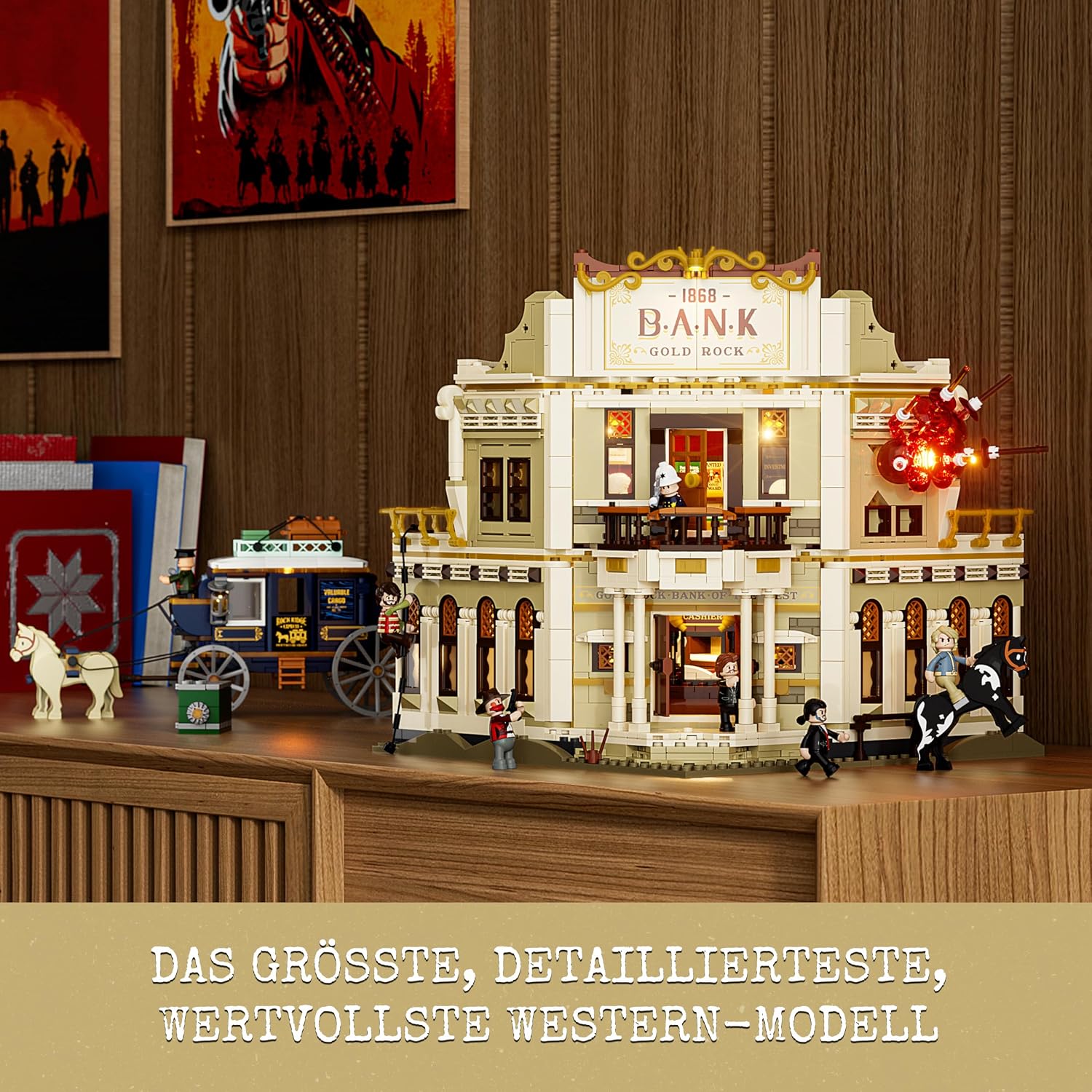 Lumibricks Western Bank Heist Bausatz – 2875 PCS Wildwest-Stadt Flagship-Modell mit 11 LED-Lichtern, 6 Minifiguren, Hochdetaillierte Architektur, Sammlerstück & Geschenk für Erwachsene & Kinder – Bild 2