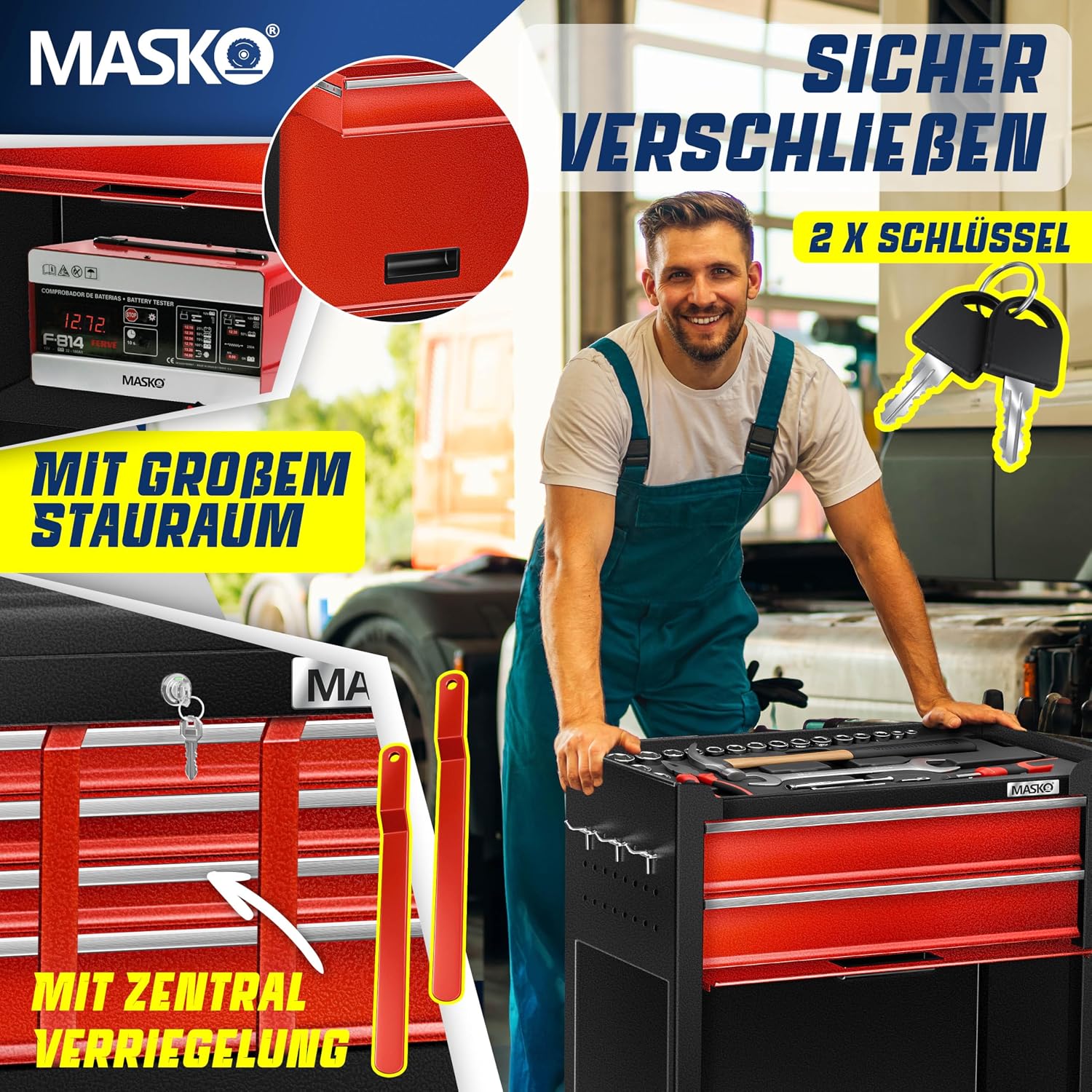 MASKO® Werkstattwagen inkl. Koffer - 9 Fächer Abschließbar | Massives Metall | Mobiler Werkzeug-Wagen ohne Werkzeug | Profi| Rollwagen zur Werkzeugaufbewahrung mit Schloss | Schwarz/Rot – Bild 5