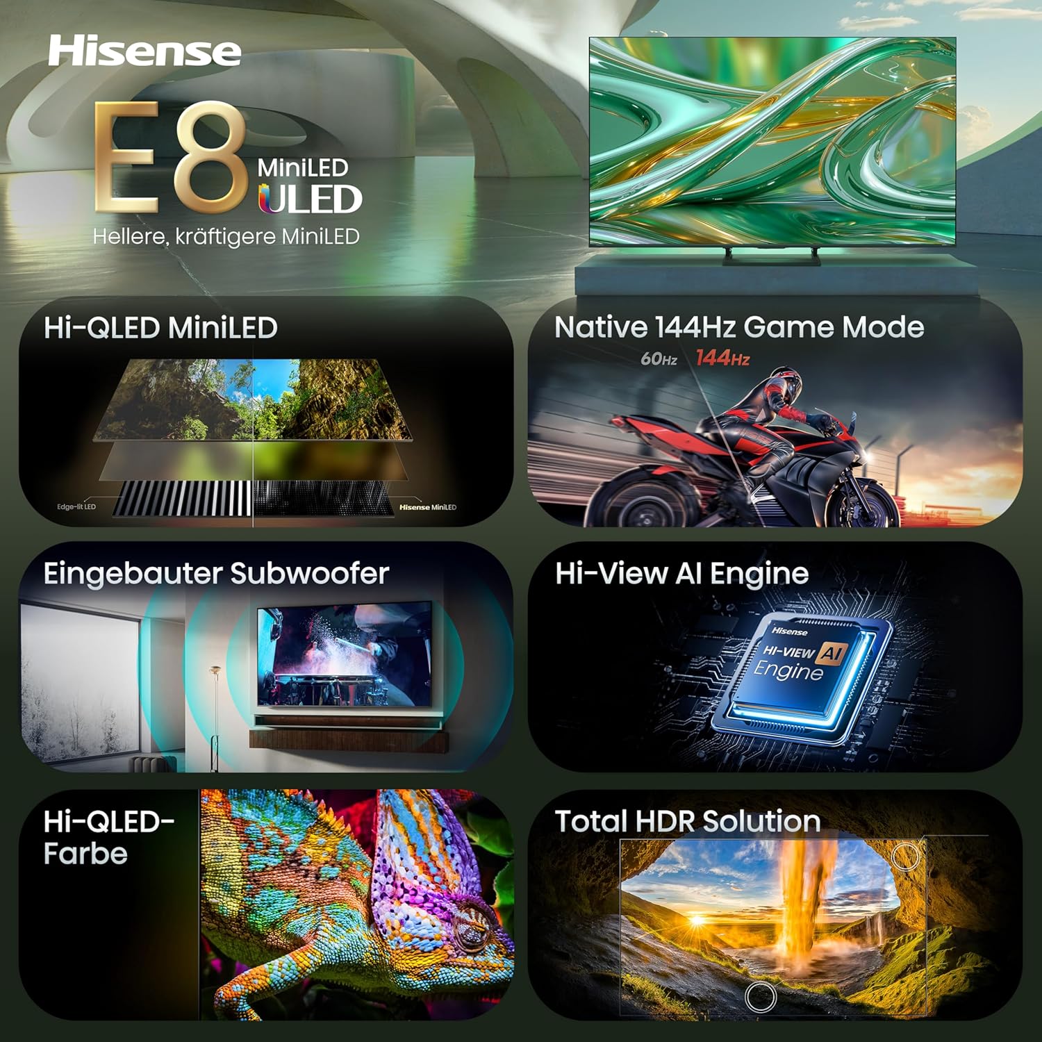 Hisense 85E8DS Fernseher 85 Zoll, 4K UHD, Hi-QLED Mini LED, Smart TV, 144Hz, Hi-View AI Engine, Dolby Vision.Atmos, Unibody Slim, FreeSync Premium, AI-Lichtsensor, Game Bar, Tuned by Devialet – Bild 3
