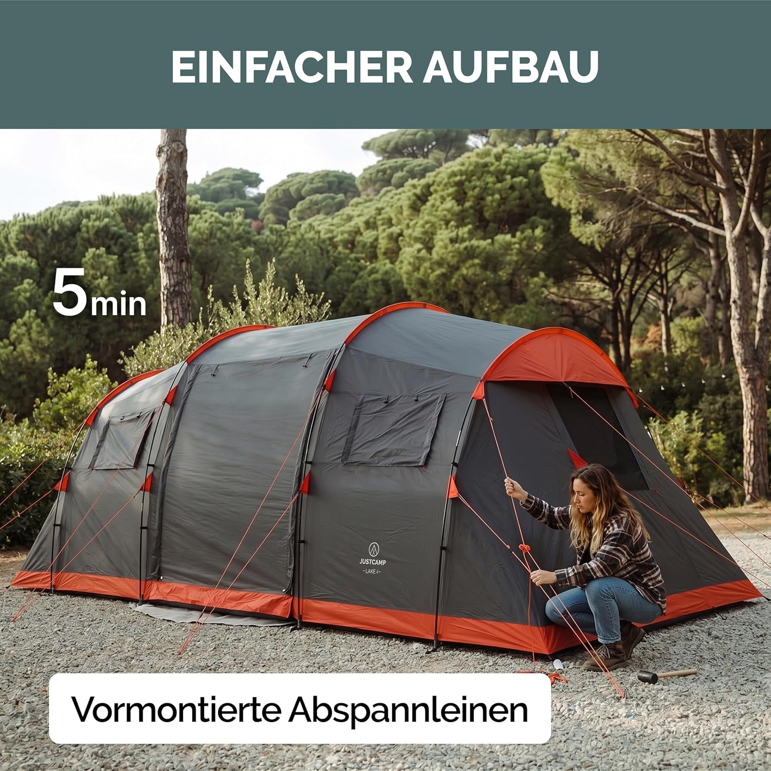 JUSTCAMP Lake Familienzelt für 4 Personen - wasserdichtes Tunnelzelt mit 2 Schlafkabinen, großem Vorraum & Stehhöhe - Campingzelt mit eingenähtem Boden, Moskitonetz und 2 Eingängen – Bild 9