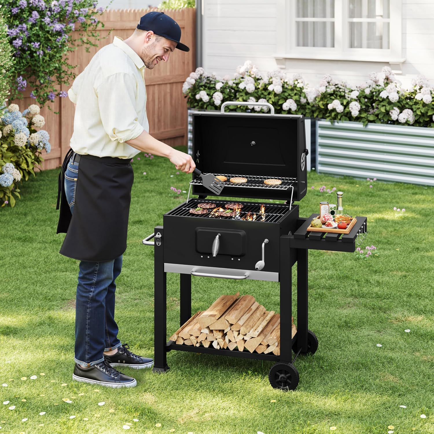 WOLTU Holzkohlegrill mit Deckel, große Grillfläche, variable Kohlewanne, Smoker Grill BBQ mit Grillrost, Thermometer, Grillwagen für Camping, 117 x 107 x 71 cm, Schwarz – Bild 9