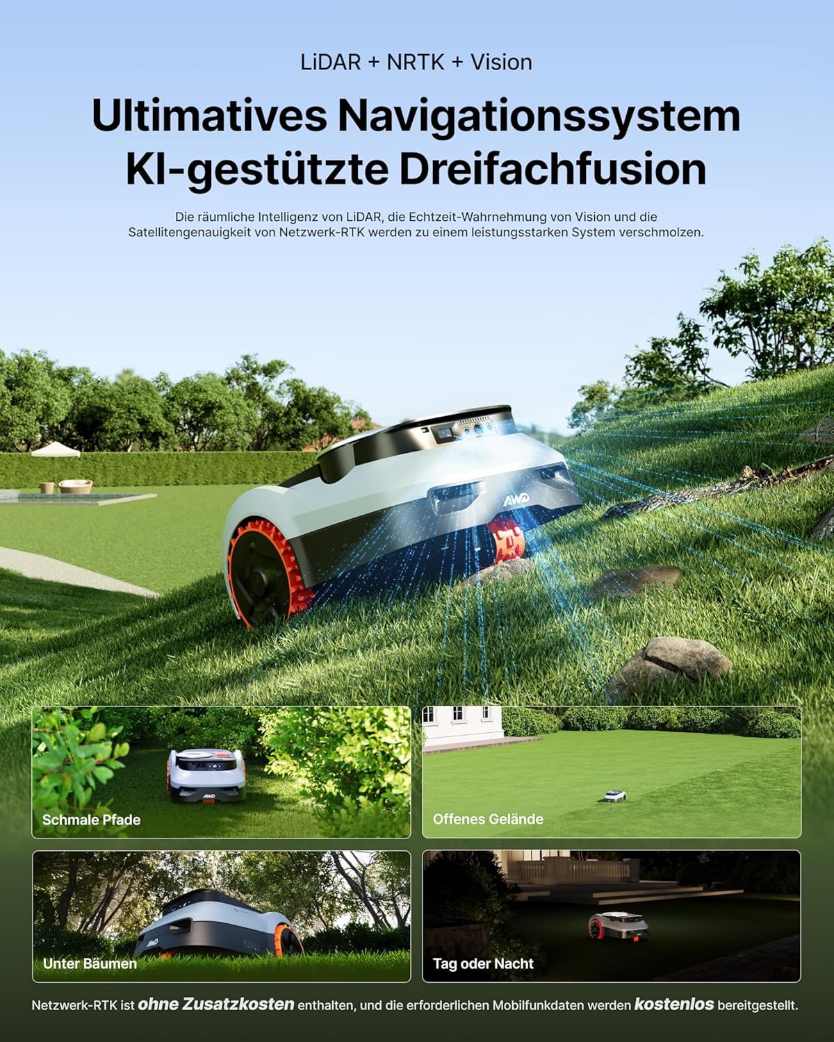 Segway Navimow i210 LiDAR Pro Mähroboter+Garage M+Klingensätze(48 Stück) für 1000 m², LiDAR+Vision+NRTK Tri-Fusion-Positionierung, Xero-Turn AWD für 55% Steigungen, Auto-Kartierung(separater Versand) – Bild 2