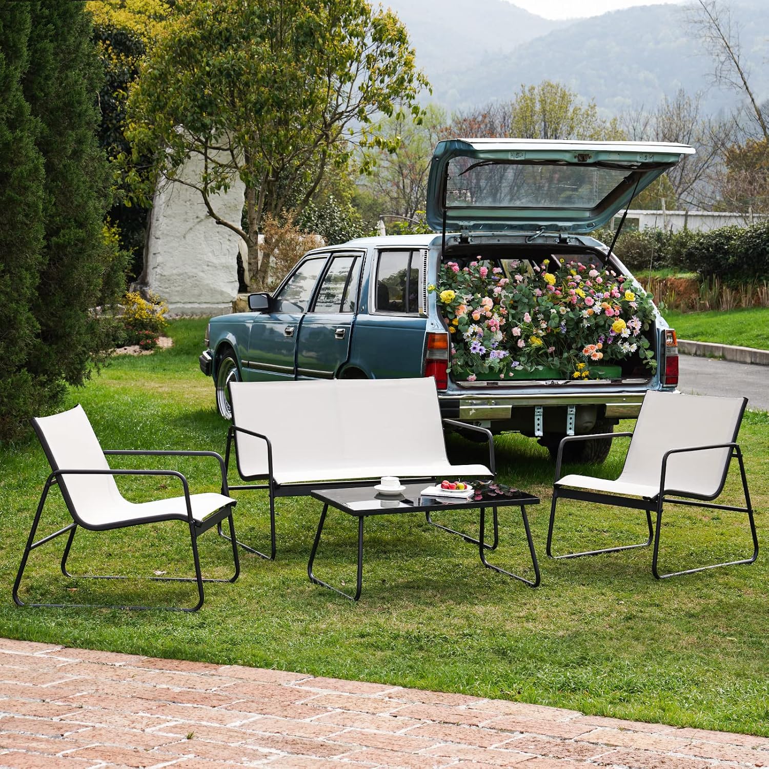 Grand patio Gartenmöbel Set 4-TLG, Textilene Balkonmöbel Set mit Tisch, Sofa und 2 Stühlen, Stahl, Sitzgruppefür Garten, Balkon, Außen (Beige) – Bild 5