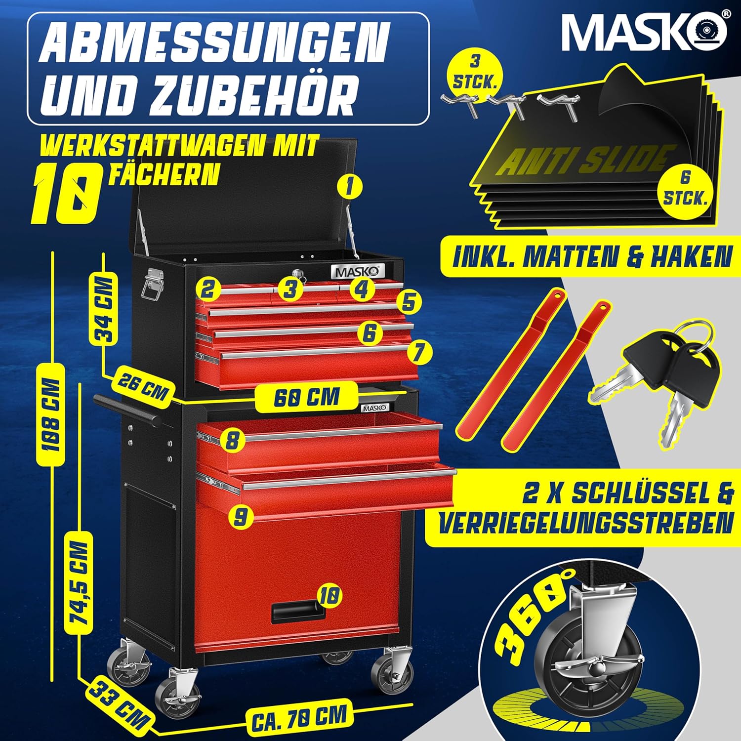 MASKO® Werkstattwagen inkl. Koffer - 9 Fächer Abschließbar | Massives Metall | Mobiler Werkzeug-Wagen ohne Werkzeug | Profi| Rollwagen zur Werkzeugaufbewahrung mit Schloss | Schwarz/Rot – Bild 2