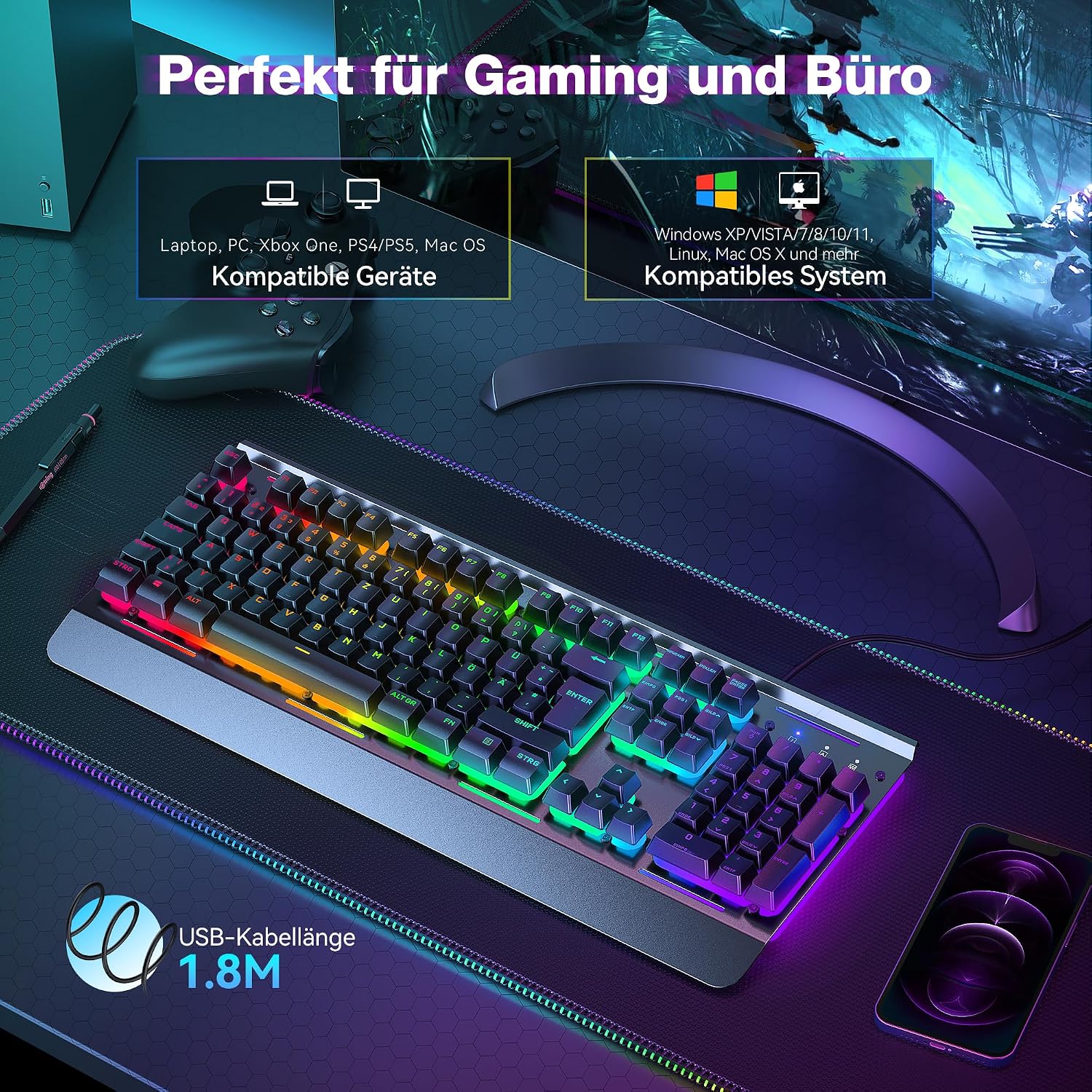 TECKNET Gaming Tastatur 105 Tasten Membrantastatur mit Vollmetall-Gehäuse – Bild 7