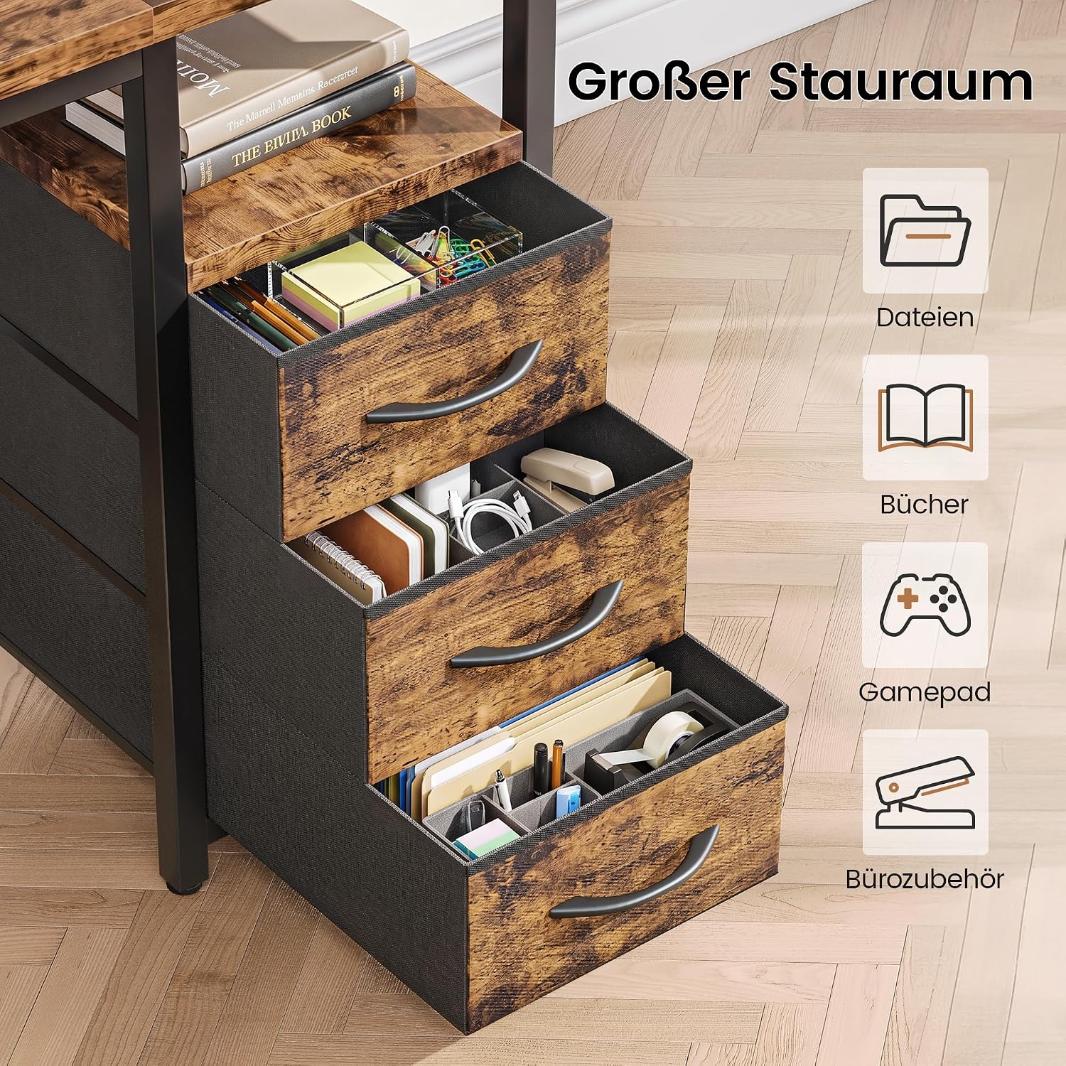 YOUDENOVA Schreibtisch mit 4 Schubladen, Computertisch 140cm CPU-Ständer & offenes Ablagefach, Stabiler Bürotisch PC Tisch Officetisch Für Büro, Wohnzimmer, Home Office Gaming Braun – Bild 4